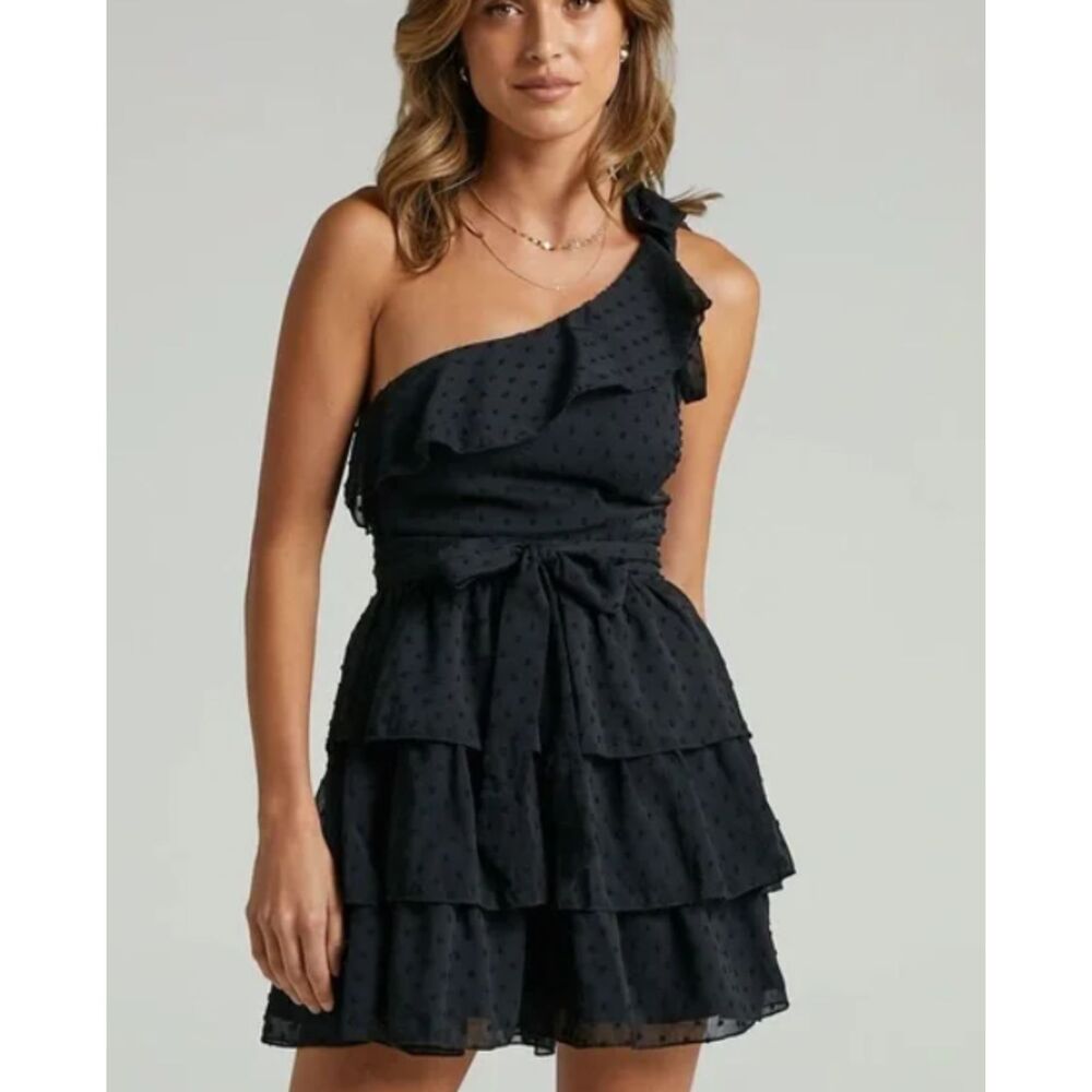 ShowPo Black Darling I Am A Daydream One Shoulder Dobby Ruffle Mini Dress Size 4